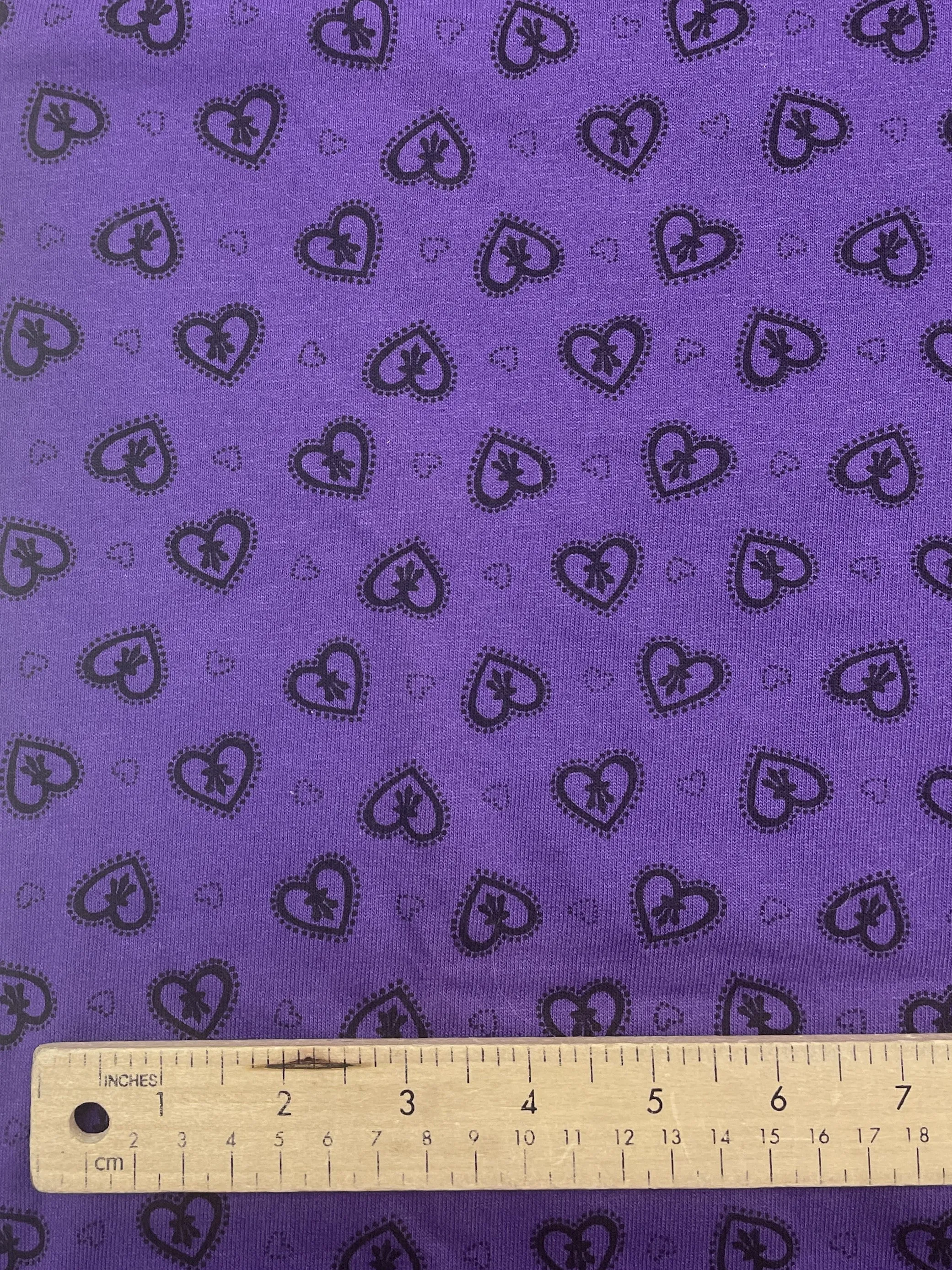 1 3/4 YD Cotton Blend Knit - Purple with Black Hearts